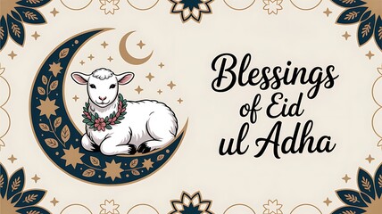 A cartoon lamb wearing a flower wreath sitting on a crescent moon with stars around it