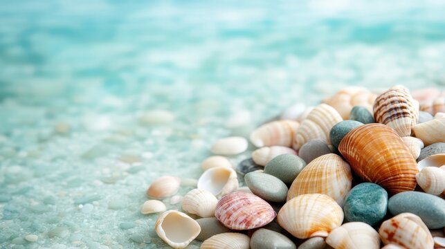 A stunning close-up of a collection of diverse seashells set against a backdrop of crystal-clear water, evoking a sense of peace and connection to nature's beauty.