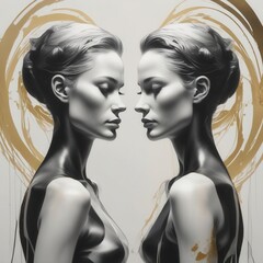 Symmetrical Portrait of Woman, Ethereal Hair, Black and White