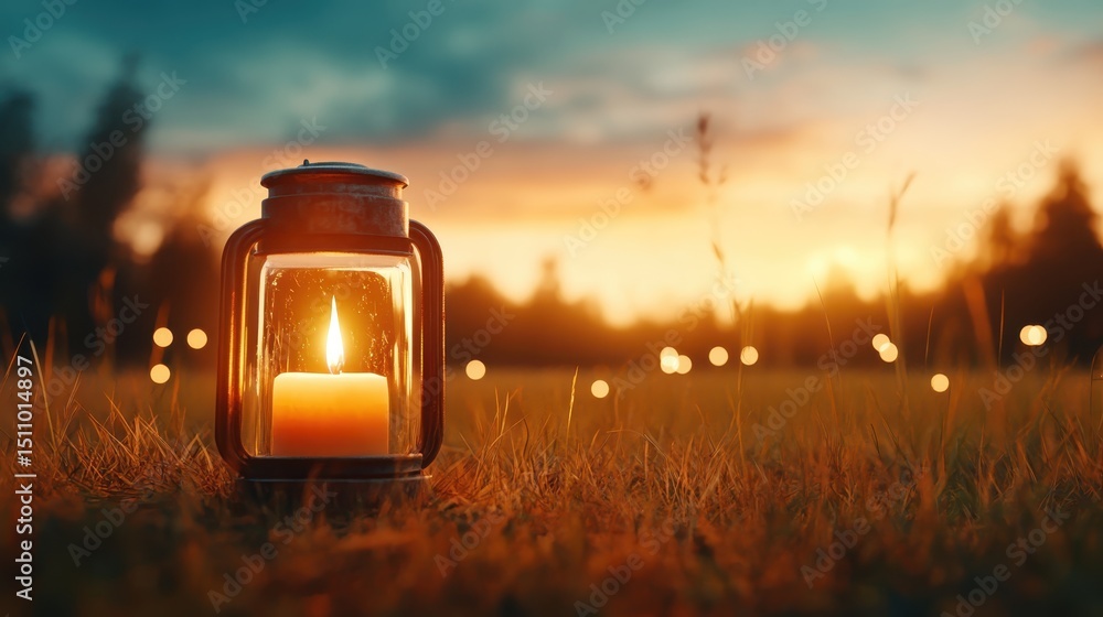 Poster a warm candle lantern glowing softly in the evening twilight, illuminating the grass, creating a sen