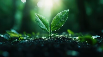 A vibrant green sprout emerges from rich soil, bathed in soft sunlight, symbolizing growth, renewal, and the beauty of nature in a serene, misty forest environment.