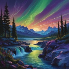 Vibrant Aurora Borealis Reflecting in Lake, Mountain Landscape Painting