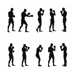 Boxer silhouettes various poses stand training fight