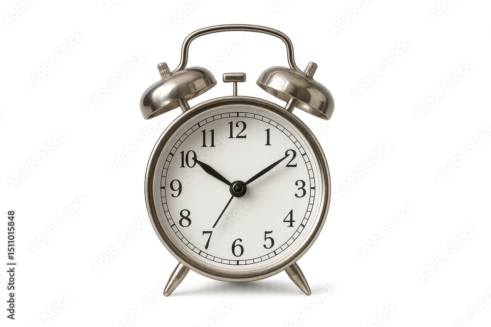 Poster silver alarm clock showing time on transparent background