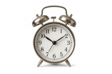 Silver alarm clock showing time on transparent background