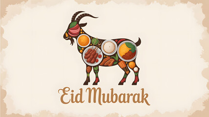 Minimalist illustration of Middle Eastern dishes like biryani, kebabs, and stews, arranged in ornate goat bowls, Eid greetings post template.