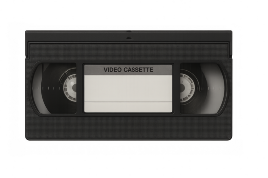 Black vhs video cassette on transparent background, offering copy space