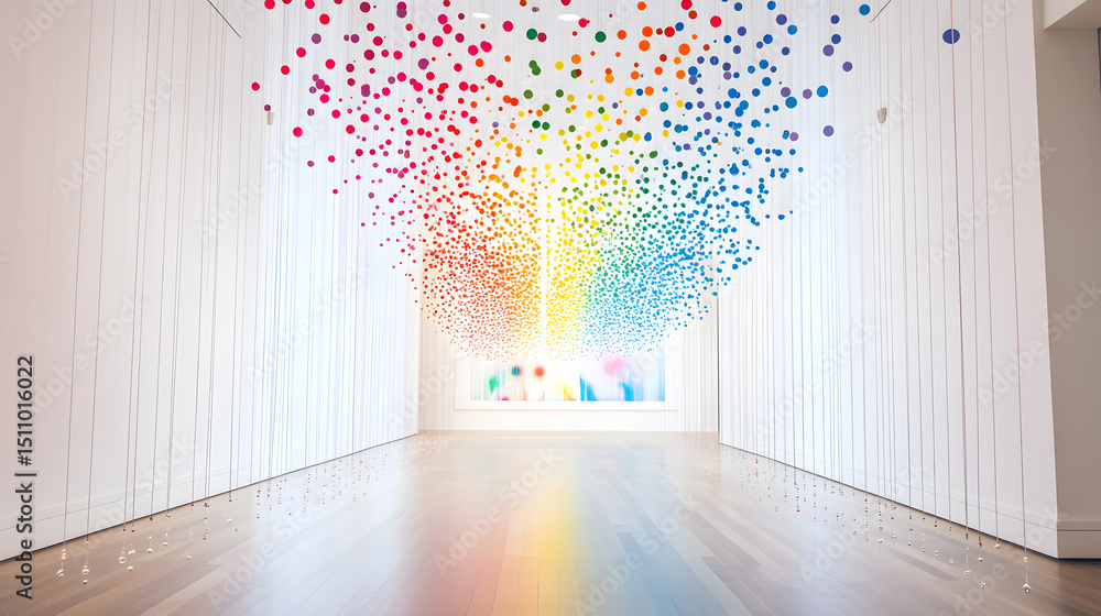 Poster a vibrant installation featuring colorful hanging dots that create a captivating visual pathway agai