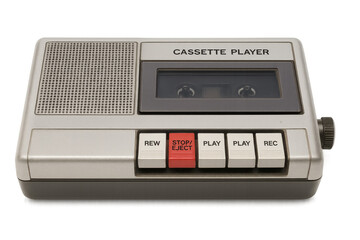 Vintage cassette player playing a tape on transparent background