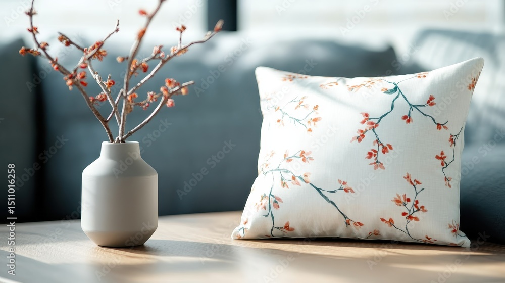 Aufkleber a beautifully designed pillow with floral patterns rests on a modern table, creating an inviting atm