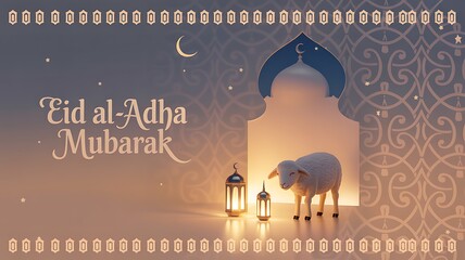 Eid al adha mubarak display with a sheep, lanterns, and crescent moon decoration