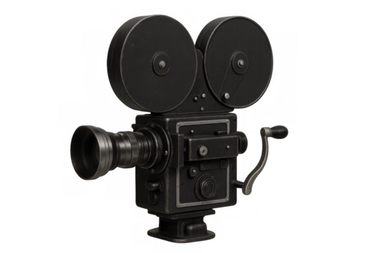 Vintage movie camera isolated on transparent background with winding crank