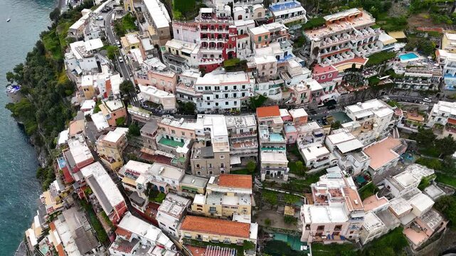 Drone view of Positano's vibrant cliffside homes in Italy