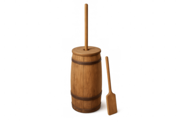 Wooden butter churn with dasher on transparent background isolating traditional dairy equipment