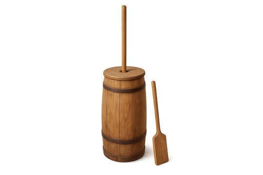 Wooden butter churn with dasher on transparent background isolating traditional dairy equipment