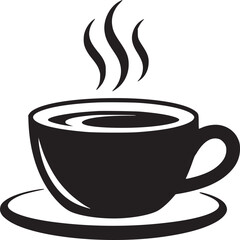A black and white illustration of a cup of coffee with steam rising from it