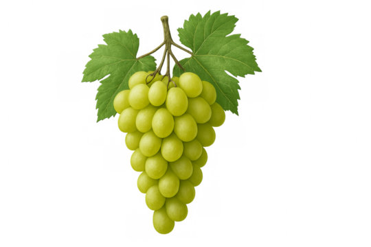 Bunch of green grapes hanging on the vine with transparent background