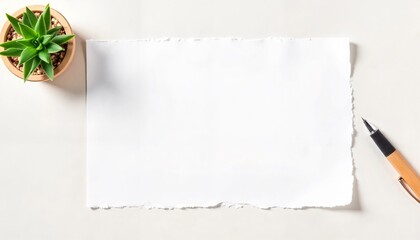 Blank sheet of paper beside potted plant and pen on table  