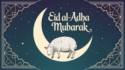 Eid al adha mubarak illustration with sheep on a crescent moon and starry background