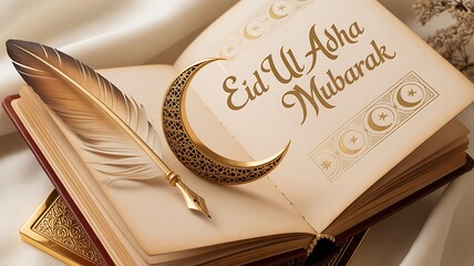 Eid ul adha mubarak greeting card with golden crescent moon and quill on open book