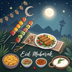 Eid Mubarak: Where Tradition Meets Taste, Minimalist illustration of a decorative crescent moon ornate with delicious food, isolated on a white background.