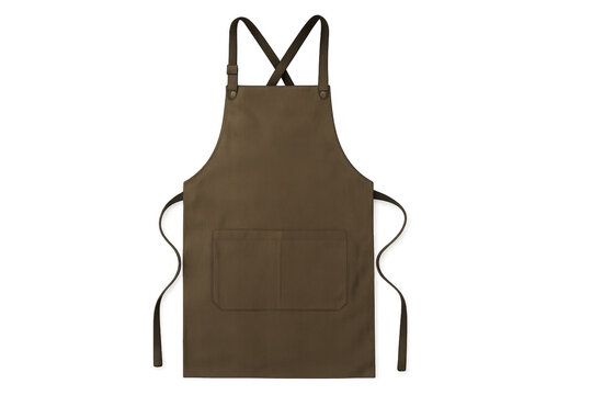 Brown kitchen apron with cross-back straps and pocket on transparent background