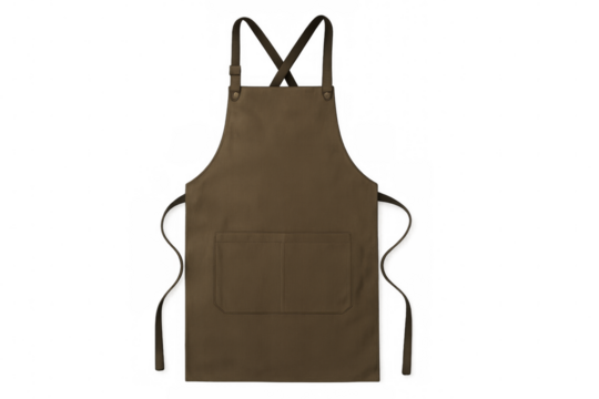 Brown kitchen apron with cross-back straps and pocket on transparent background