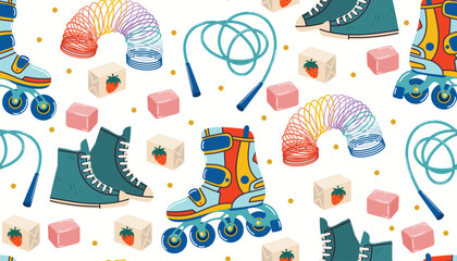 Playful 90s vibe seamless pattern with sneakers, roller skates, bubble gum, rope and coil toy. Flat cartoon style with bold colors, evoking childhood fun and vintage energy.