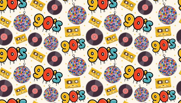 Colorful seamless pattern with 90s vibe icons like cassette, graffiti tag, disco ball, and vinyl. A funky throwback design ideal for retro themes, party prints, and youth-oriented branding.