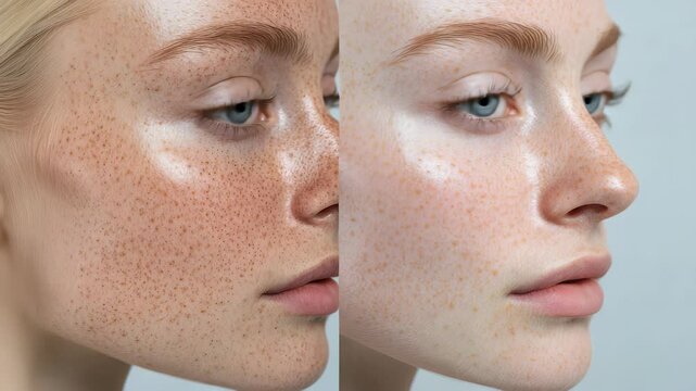 Before and After Freckle Removal: Close-Up Portrait of a Woman's Face Showing Skin Transformation and Beauty Treatment Results