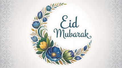 Eid mubarak text with crescent moon floral design on a white textured background