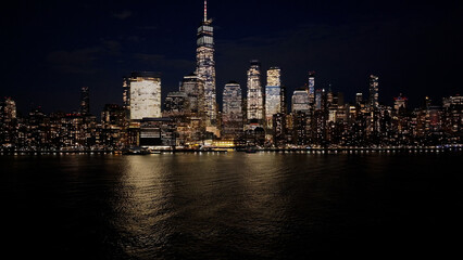 Night Skyline Of New York Skyline At Manhattan In New York United States. Night City Landscape. Financial District. New York Skyline At New York United States. Highrise Buildings Scenery. 