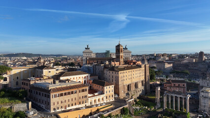 Fototapeta premium Rome Skyline At Rome In Lazio Italy. Medieval Buildings. Downtown District. Rome Skyline At Rome In Lazio Italy. Venice Square Background. Cultural Heritage. Italy Skyline.