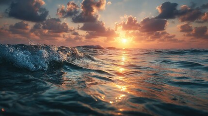 Naklejka premium The sun is setting over the ocean with a wave in the foreground and clouds above it