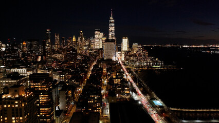 Night Skyline Of New York Skyline At Manhattan In New York United States. Night City Landscape. Financial District. New York Skyline At New York United States. Highrise Buildings Scenery. 