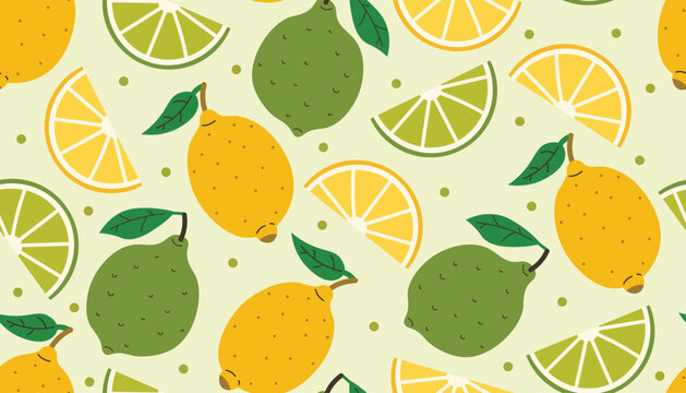 Fresh and colorful seamless pattern with whole lemons and limes, slices, green leaves and dots. Vibrant flat cartoon style perfect for summer, citrus themes, packaging, and cheerful designs.