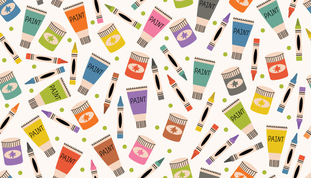 Colorful seamless pattern with crayons, gouache, oil paints, and scattered dots in messy arrangement. Flat cartoon style ideal for art themed products, kids designs, and school supplies.