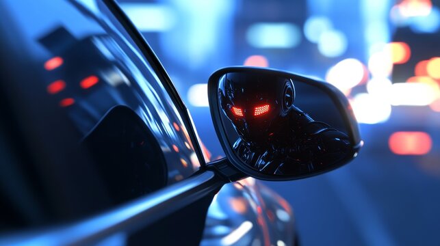 A car's rearview mirror shows a robotic face, embodying the future of robotic driving and robotaxi operations