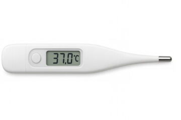 White digital clinical thermometer showing 37 degrees celsius on transparent background