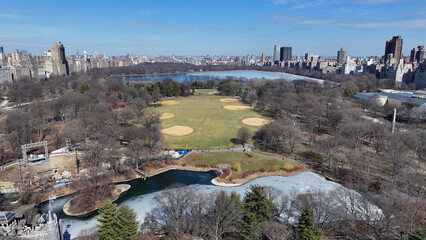 Central Park At Manhattan In New York United States. Downtown District. Nature Park Aerial View....