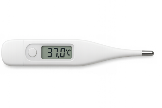 White digital clinical thermometer showing 37 degrees celsius on transparent background