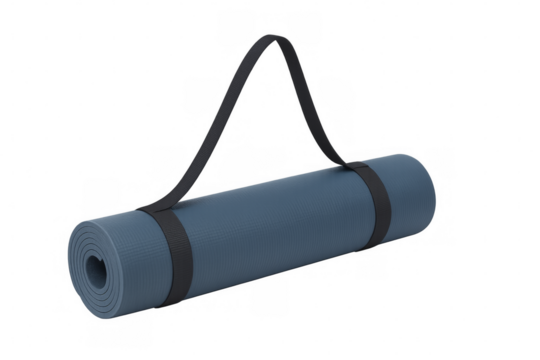 Rolled blue yoga mat with black carrying strap on transparent background