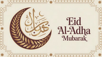 Eid al adha mubarak design with crescent moon and arabic calligraphy on beige background