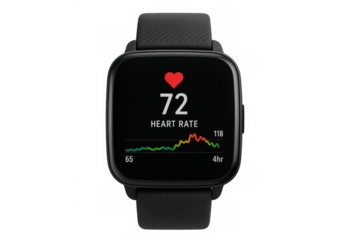 Smartwatch displaying heart rate on transparent background