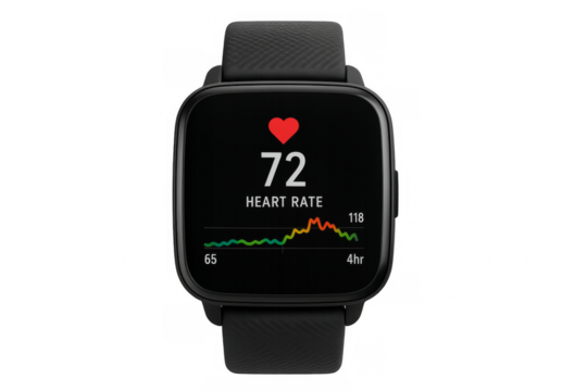 Smartwatch displaying heart rate on transparent background