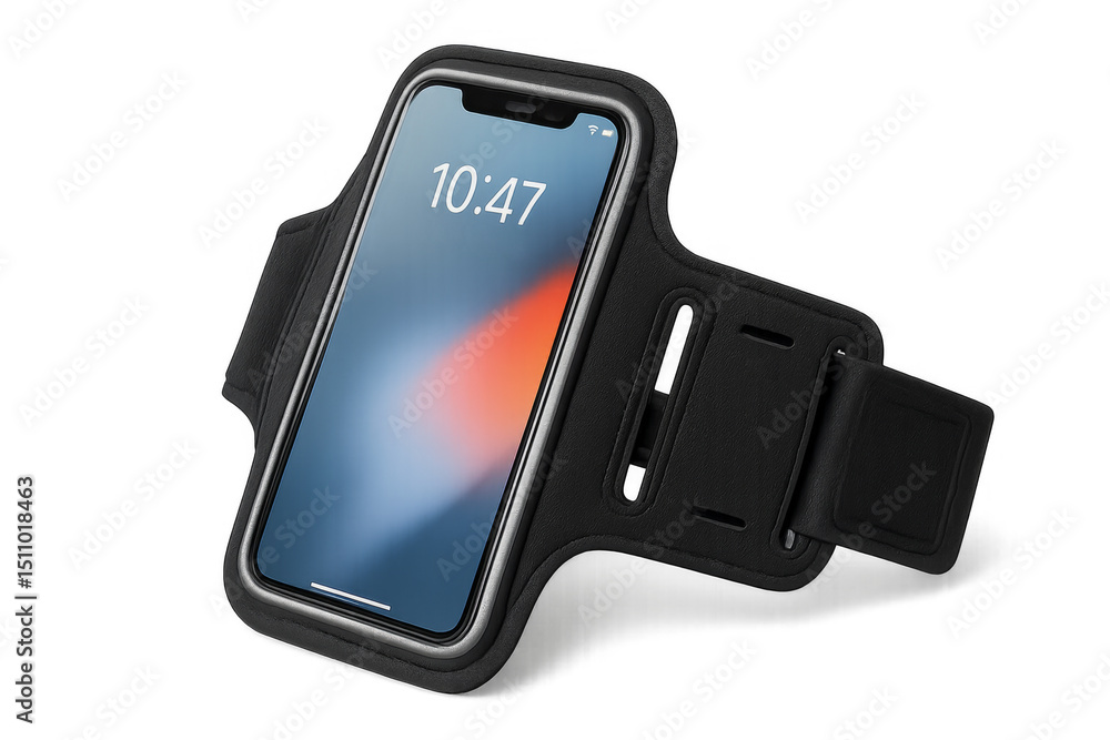 Poster smartphone in an armband showing time 10:47 on transparent background