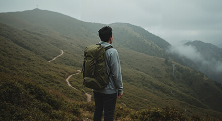 Man hiking on mountain trail with backpack in cloudy weather  
