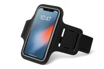 Smartphone in an armband showing time 10:47 on transparent background