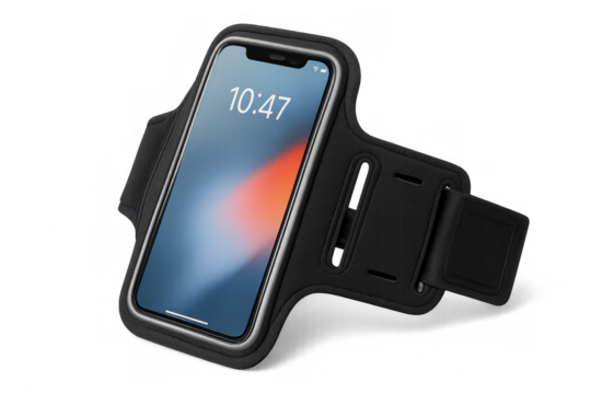 Smartphone in an armband showing time 10:47 on transparent background