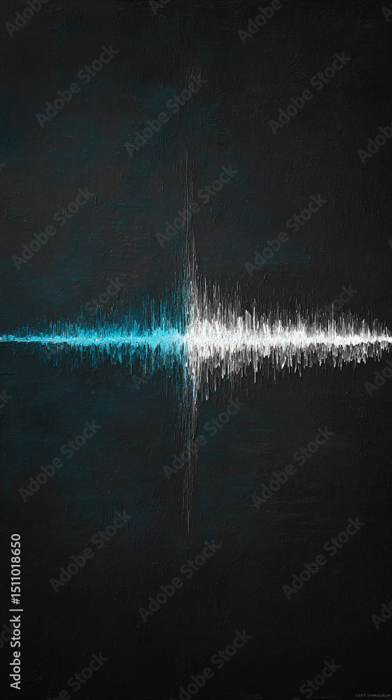 Poster abstract art featuring teal and white textured lines on dark background, suggesting sound waves or e